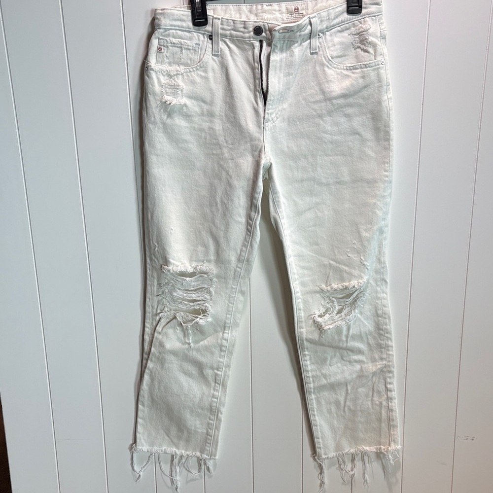 AG jeans crop distressed white high waist denim fringe hem 29R